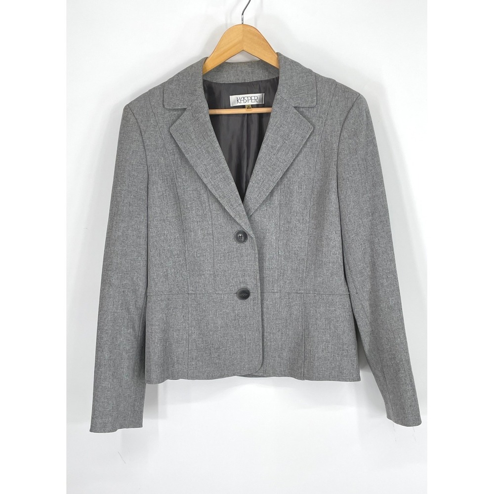 Kasper Women Blazer 10 Suit Jacket Grey Two Button Work Stretch Tailored